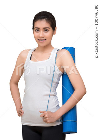 Asian healthy woman with yoga mat isolated with clipping path on white background Asian healthy woman with yoga mat isolated with clipping path on white background 100746390