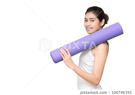 Asian healthy woman with yoga mat isolated with clipping path on white background Asian healthy woman with yoga mat isolated with clipping path on white background 100746391