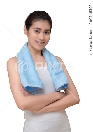 Healthy asian woman ready to exercising isolated with clipping path on white background. Healthy asian woman ready to exercising isolated with clipping path on white background. 100746395