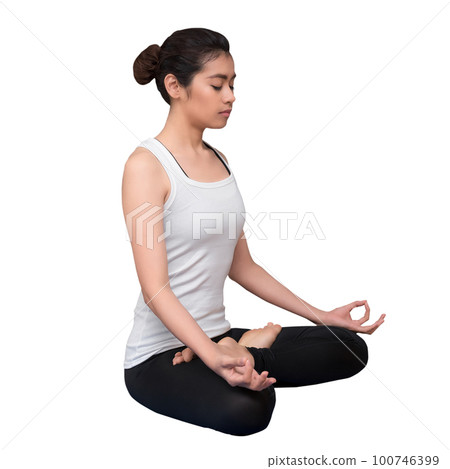 Healthy asian woman meditates while practicing yoga isolated with clipping path on white background Healthy asian woman meditates while practicing yoga isolated with clipping path on white background 100746399
