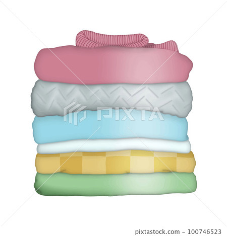 Stack of folded wool knitted clothes or blankets. Warm cozy blankets isolated clipart. 100746523