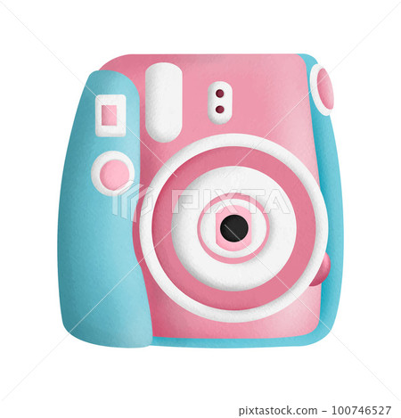 Watercolor hand drawn blue pink instant photo camera on white background. Retro photography. 100746527