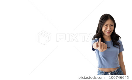 Women beckoning or inviting them to pay attention, Suggest to click or apply with me, Giving assistance and acceptance, Calling with one finger, Come and get me, Woman on white background. 100746645