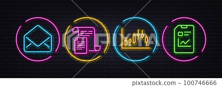 Documents, Candlestick graph and Mail minimal line icons. Neon laser 3d lights. Report document icons. For web, application, printing. Office file, Finance chart, E-mail. Statistics file. Vector Documents, Candlestick graph and Mail minimal line icons. Neon laser 3d lights. Report document icons. For web, application, printing. Office file, Finance chart, E-mail. Statistics file. Vector 100746666