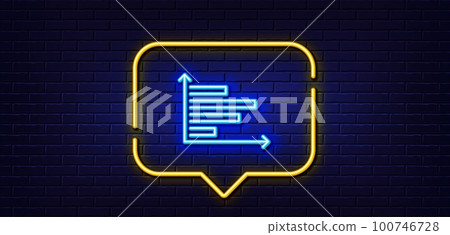 Neon light speech bubble. Horizontal chart line icon. Column graph sign. Market analytics symbol. Neon light background. Horizontal chart glow line. Brick wall banner. Vector 100746728