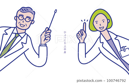 一位手持指點桿的老年男醫生和一位女醫生從側面彈出的指點姿勢的圖像插圖素材 100746792