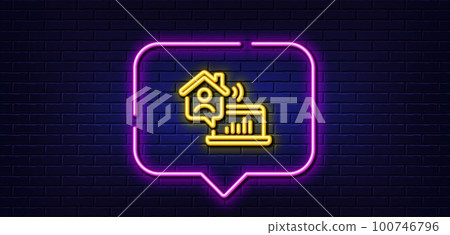 Neon light speech bubble. Work at home line icon. Freelance job sign. Remote office employee symbol. Neon light background. Work home glow line. Brick wall banner. Vector 100746796