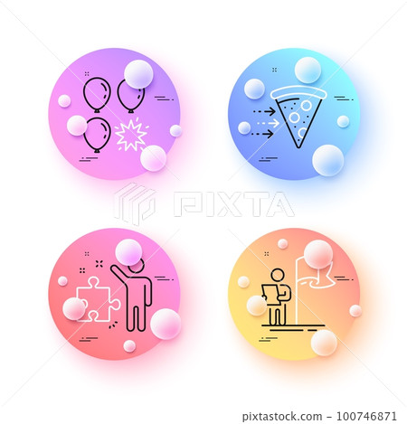 Leadership, Food delivery and Balloon dart minimal line icons. 3d spheres or balls buttons. Strategy icons. For web, application, printing. Winner flag, Piece of pizza, Attraction park. Vector Leadership, Food delivery and Balloon dart minimal line icons. 3d spheres or balls buttons. Strategy icons. For web, application, printing. Winner flag, Piece of pizza, Attraction park. Vector 100746871