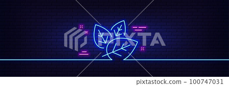 Neon light glow effect. Organic tested line icon. Bio cosmetics sign. Fair trade symbol. 3d line neon glow icon. Brick wall banner. Organic tested outline. Vector 100747031