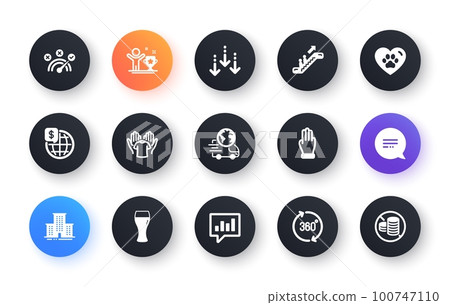 Minimal set of Hold t-shirt, Pets care and Analytical chat flat icons for web development. Text message, Correct answer, Delivery service icons. Scroll down, 360 degrees. Vector 100747110