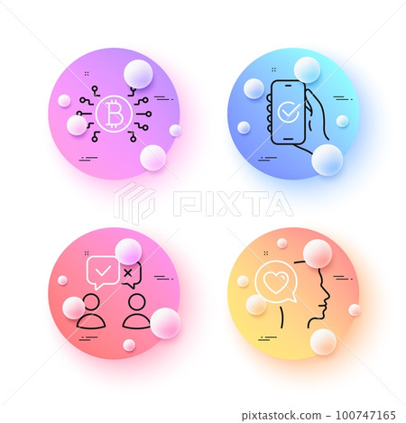 Romantic talk, People voting and Approved app minimal line icons. 3d spheres or balls buttons. Bitcoin system icons. For web, application, printing. Vector Romantic talk, People voting and Approved app minimal line icons. 3d spheres or balls buttons. Bitcoin system icons. For web, application, printing. Vector 100747165