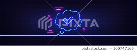 Neon light glow effect. Check mark line icon. Approved comic sign. Speech bubble chat symbol. 3d line neon glow icon. Brick wall banner. Approved outline. Vector Neon light glow effect. Check mark line icon. Approved comic sign. Speech bubble chat symbol. 3d line neon glow icon. Brick wall banner. Approved outline. Vector 100747166