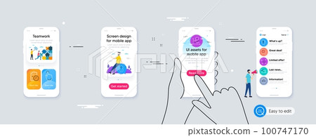 Set of Exam time, Recovery data and Swipe up line icons. Phone ui interface. Include Location app, Online survey, Cloud network icons. Stars, Hand click, Chart web elements. Vector 100747170