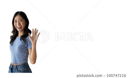 Waving hand in hi, Asian woman smiling friendly greeting, Hello,nice to meet you,say hi, Say hi and greet you, Welcome new people Join a multicultural team, Goodbye, Isolated on white background. Waving hand in hi, Asian woman smiling friendly greeting, Hello,nice to meet you,say hi, Say hi and greet you, Welcome new people Join a multicultural team, Goodbye, Isolated on white background. 100747218