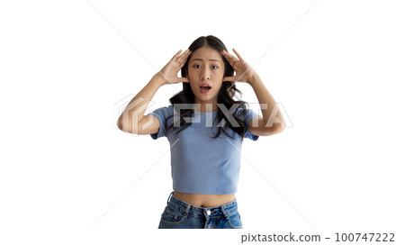 Asian woman acting shocked or surprised isolated on a white background,  Looking camera, Concept acts according to the emotions and feelings of excitement and shock, White background, Copy space. 100747222