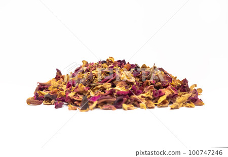 isolated handful of dried rose petals, leaves, buds on white background. Desiccated colorful flower petals for aromatic herbal tea, drink. Horizontal plane, close up, copy space 100747246
