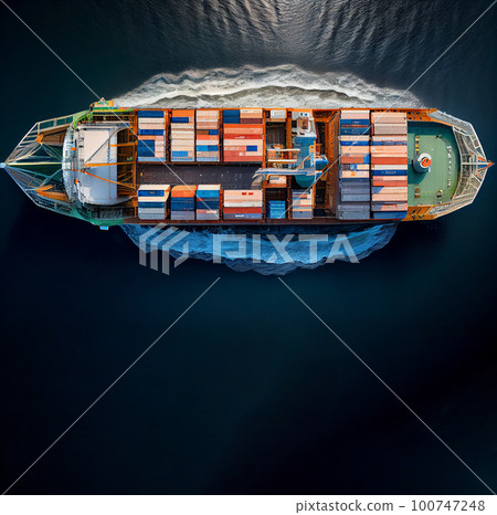 Aerial top view container cargo ship with contrail in the ocean ship carrying container import export business commercial trade logistic and transportation, Generative AI 100747248