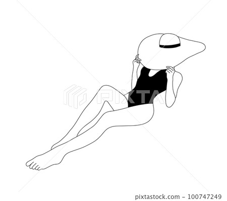 Linear girl is sunbathing in Panama hat. Attractive woman in black swimsuit. On line continuous. Vector outline illustration for logo, print, card, poster. Travel blog concept Linear girl is sunbathing in Panama hat. Attractive woman in black swimsuit. On line continuous. Vector outline illustration for logo, print, card, poster. Travel blog concept 100747249