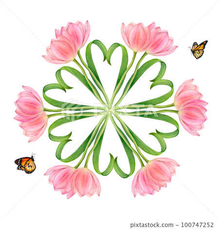 Watercolour drawn square rapport with beautiful round of pink tulips stems, flowers and leaf hearts and two flying butterflies. White background. Perfect for logo, stiker, napkin, textile printing. Watercolour drawn square rapport with beautiful round of pink tulips stems, flowers and leaf hearts and two flying butterflies. White background. Perfect for logo, stiker, napkin, textile printing. 100747252