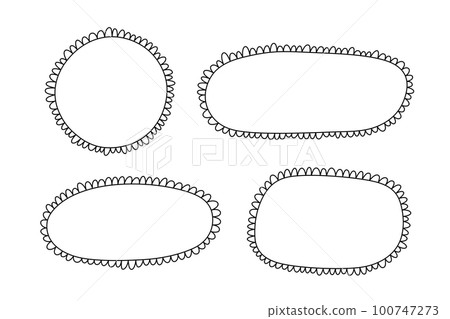 Doodle circle and square scalloped frames. Hand drawn scalloped edge rectangle and ellipse shapes. Simple label form. Flower silhouette lace frame. Vector illustration isolated on white background 100747273