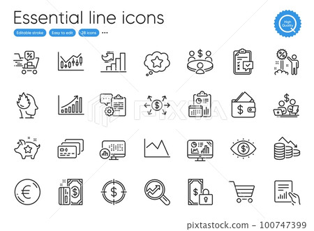 Payment, Card and Loyalty points line icons. Collection of Document, Dollar exchange, Market sale icons. Business vision, Financial diagram, Analytics graph web elements. Loyalty star. Vector Payment, Card and Loyalty points line icons. Collection of Document, Dollar exchange, Market sale icons. Business vision, Financial diagram, Analytics graph web elements. Loyalty star. Vector 100747399