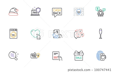 Skin condition, Sale offer and Sleep line icons for website, printing. Collection of Champagne glass, Money transfer, Santa hat icons. Teamwork, Fake internet, Education idea web elements. Vector Skin condition, Sale offer and Sleep line icons for website, printing. Collection of Champagne glass, Money transfer, Santa hat icons. Teamwork, Fake internet, Education idea web elements. Vector 100747441