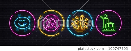 Fireworks stars, No puzzle and Yummy smile minimal line icons. Neon laser 3d lights. Luggage belt icons. For web, application, printing. Pyrotechnic salute, Jigsaw challenge, Emoticon. Vector 100747503
