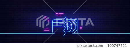 Neon light glow effect. Credit card or cash line icon. Payment methods sign. 3d line neon glow icon. Brick wall banner. Payment methods outline. Vector 100747521