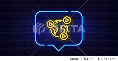 Neon light speech bubble. Virtual conference line icon. Online training sign. Web presentation symbol. Neon light background. Video conference glow line. Brick wall banner. Vector 100747522