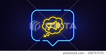 Neon light speech bubble. Megaphone line icon. Advertisement device symbol. Brand ambassador speech bubble sign. Neon light background. Megaphone glow line. Brick wall banner. Vector Neon light speech bubble. Megaphone line icon. Advertisement device symbol. Brand ambassador speech bubble sign. Neon light background. Megaphone glow line. Brick wall banner. Vector 100747570