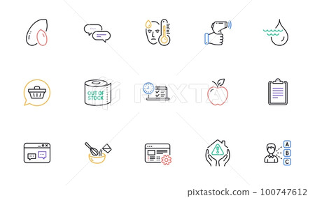 Apple, Fever and Web settings line icons for website, printing. Collection of Hydroelectricity, Browser window, House protection icons. Cooking whisk, Opinion, Peanut web elements. Vector 100747612