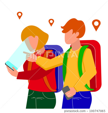 TRAVELING PEOPLE Young Man And Woman With Backpacks Choose A Route In Smartphone Internet World Map. Vector Illustration In Flat Style On A Dark Background 100747865