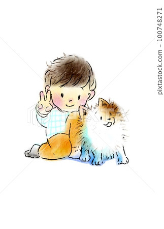 A snapshot-like illustration of a dog pet and a boy taking a picture 100748271