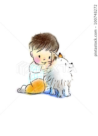 A snapshot-like illustration of a dog pet and a boy taking a picture 100748272