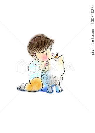 A snapshot-like illustration of a dog pet and a boy taking a picture 100748273