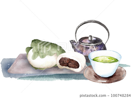 Kashiwamochi and Japanese tea set watercolor 100748284