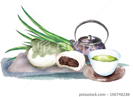 Kashiwa mochi and Japanese tea, watercolor painting of iris leaves 100748286