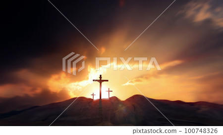 Passion Week cross on a hill symbolizing the sacrifice, suffering, death, resurrection and passion of Jesus against a bright sunset light background 100748326