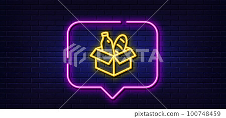 Neon light speech bubble. Food donation line icon. Charity box sign. Charitable organization symbol. Neon light background. Food donation glow line. Brick wall banner. Vector 100748459