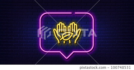Neon light speech bubble. Fair trade line icon. Bio cosmetics sign. Organic tested symbol. Neon light background. Fair trade glow line. Brick wall banner. Vector Neon light speech bubble. Fair trade line icon. Bio cosmetics sign. Organic tested symbol. Neon light background. Fair trade glow line. Brick wall banner. Vector 100748531
