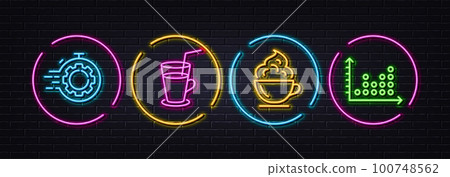 Coffee cup, Cocktail and Seo timer minimal line icons. Neon laser 3d lights. Dot plot icons. For web, application, printing. Whipped cream, Fresh beverage, Cogwheel. Presentation graph. Vector Coffee cup, Cocktail and Seo timer minimal line icons. Neon laser 3d lights. Dot plot icons. For web, application, printing. Whipped cream, Fresh beverage, Cogwheel. Presentation graph. Vector 100748562