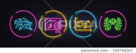Diagram chart, Search flight and Reject certificate minimal line icons. Neon laser 3d lights. Justice scales icons. For web, application, printing. Vector Diagram chart, Search flight and Reject certificate minimal line icons. Neon laser 3d lights. Justice scales icons. For web, application, printing. Vector 100748565