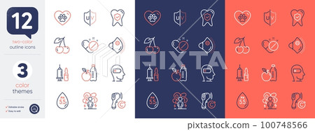 Set of Weariness, Healthy food and Medical pills line icons. Include Medical mask, Cherry, Dental insurance icons. Ph neutral, Electronic thermometer, Uv protection web elements. Vector Set of Weariness, Healthy food and Medical pills line icons. Include Medical mask, Cherry, Dental insurance icons. Ph neutral, Electronic thermometer, Uv protection web elements. Vector 100748566
