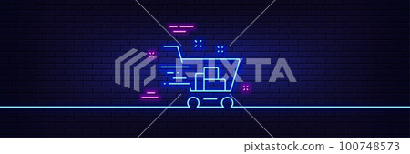 Neon light glow effect. Shopping cart line icon. Express order sign. Fast buying symbol. 3d line neon glow icon. Brick wall banner. Shopping cart outline. Vector 100748573