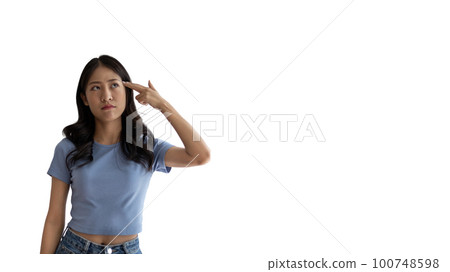 Young Asian woman thinking hard or planning to do something, Overthinking or worrying, Have a headache, Migraine, Stress, Free space for advertising or promoting products, Copy space, Enter text. 100748598