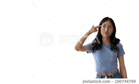 Young Asian woman thinking hard or planning to do something, Overthinking or worrying, Have a headache, Migraine, Stress, Free space for advertising or promoting products, Copy space, Enter text. 100748789