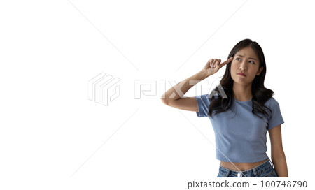 Young Asian woman thinking hard or planning to do something, Overthinking or worrying, Have a headache, Migraine, Stress, Free space for advertising or promoting products, Copy space, Enter text. 100748790