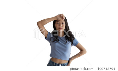 Young Asian woman thinking hard or planning to do something, Overthinking or worrying, Have a headache, Migraine, Stress, Free space for advertising or promoting products, Copy space, Enter text. 100748794