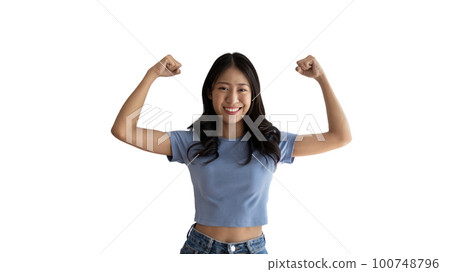 Woman flexing her muscles, Young Asian woman shows off her strength by flexing her jaw and showing off her power, Healthy, Happiness of your choice, White background. 100748796