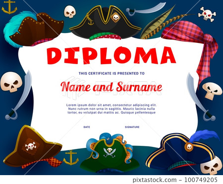 Kids diploma cartoon pirate hats and tricorn, sabers and skulls. Vector certificate with corsair cocked cap, bandana, buccaneer headwear. Child education or graduation award competition winner diploma 100749205